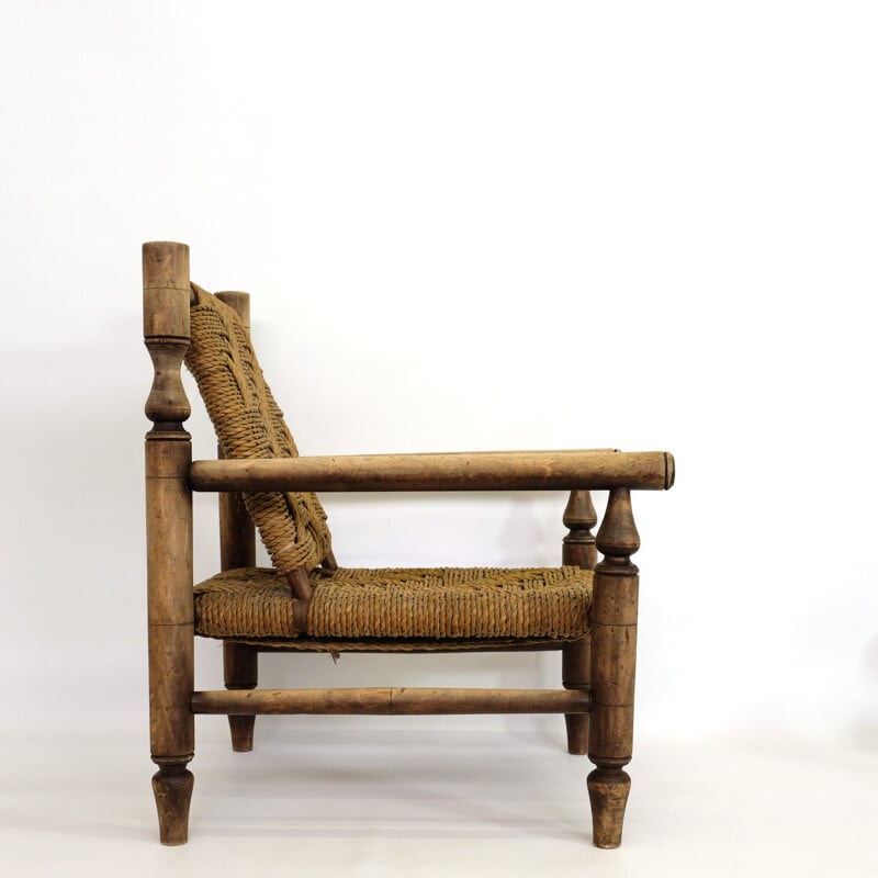 Vintage armchair in natural wood and braided rope 1950