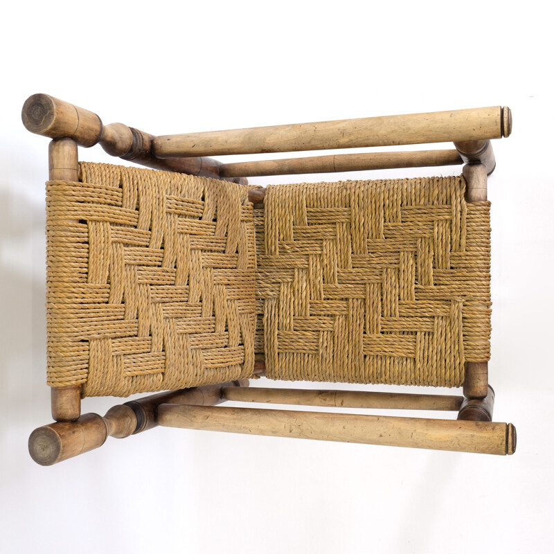 Vintage armchair in natural wood and braided rope 1950