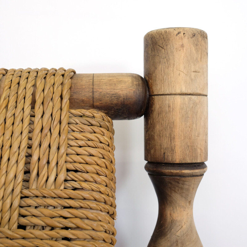 Vintage armchair in natural wood and braided rope 1950