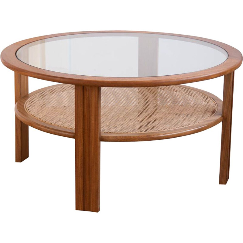 Vintage coffee table round in rattan cane and teak 1960s