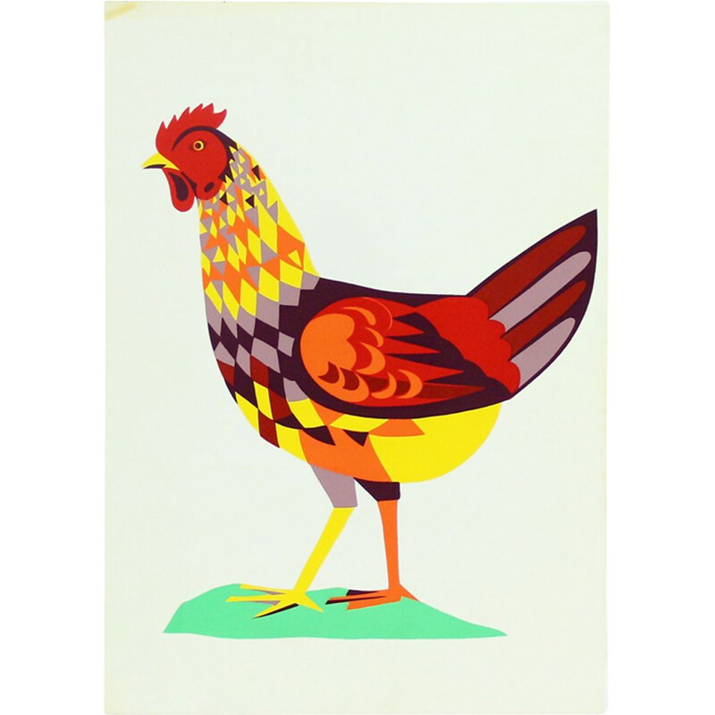 Vintage colorful plastic wall art illustration of chicken, Czechoslovakia, 1960