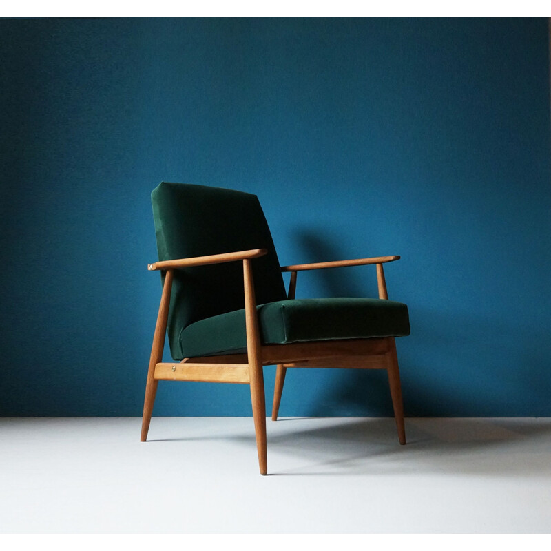 Vintage armchair in beech, green velvet and brass, 1960