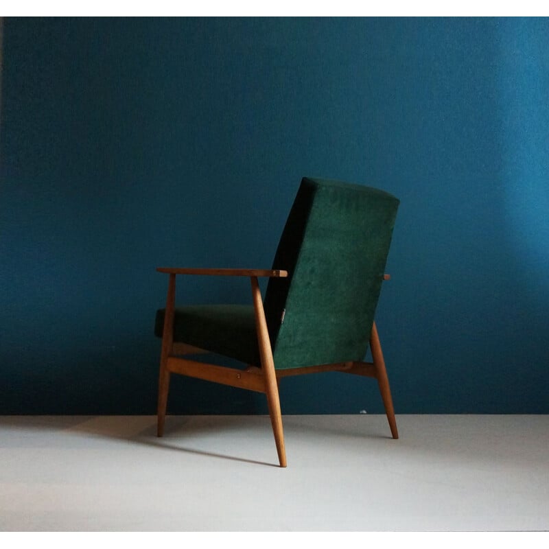 Vintage armchair in beech, green velvet and brass, 1960