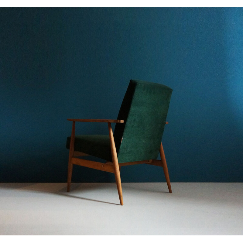 Vintage armchair in beech, green velvet and brass, 1960