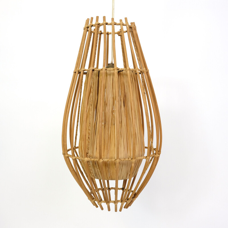French vintage rattan and raffia hanging lamp 1970