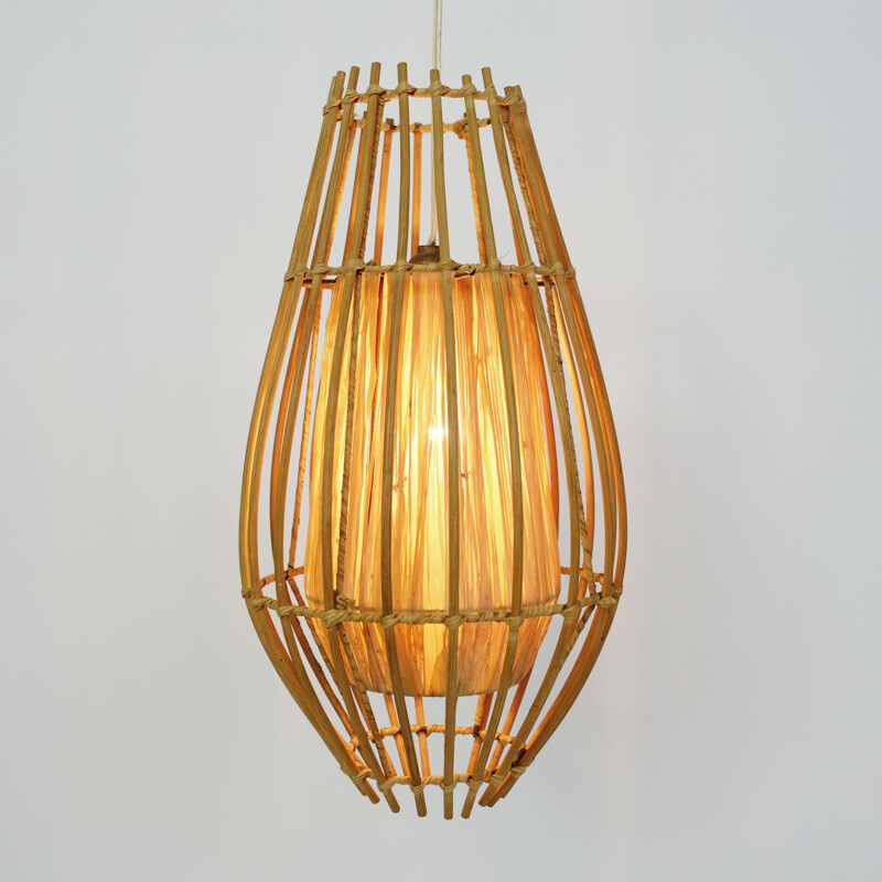 French vintage rattan and raffia hanging lamp 1970