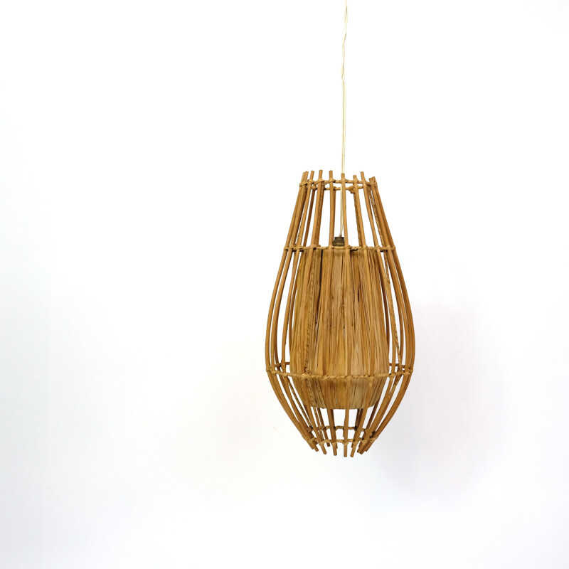 French vintage rattan and raffia hanging lamp 1970