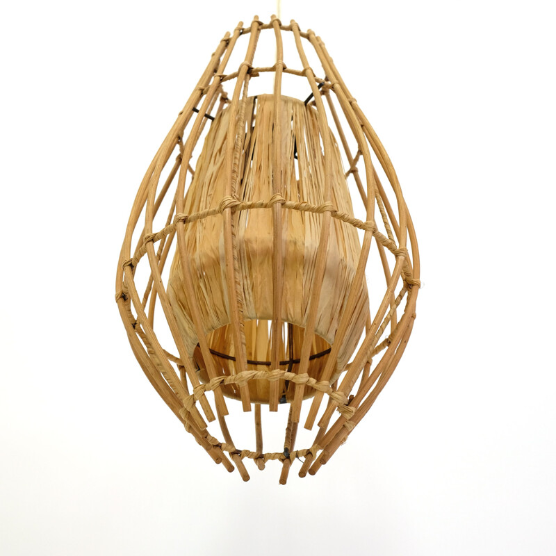 French vintage rattan and raffia hanging lamp 1970