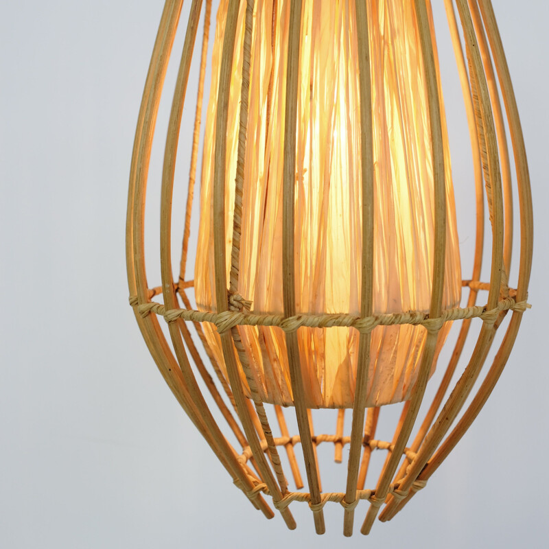 French vintage rattan and raffia hanging lamp 1970