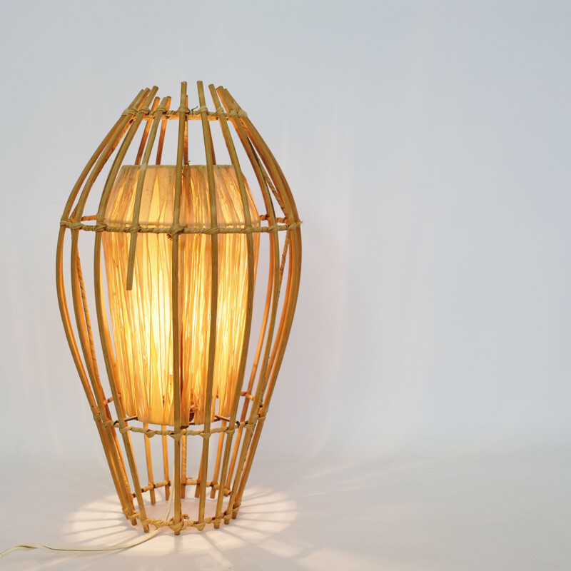 French vintage rattan and raffia hanging lamp 1970