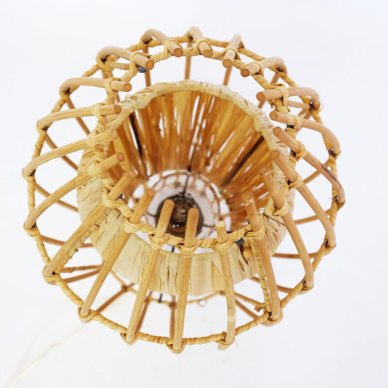 French vintage rattan and raffia hanging lamp 1970