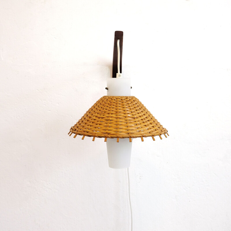 Scandinavian vintage sconce in teak glass and wicker 1970