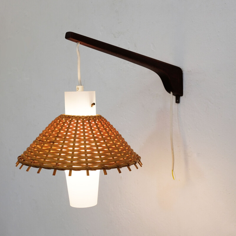 Scandinavian vintage sconce in teak glass and wicker 1970