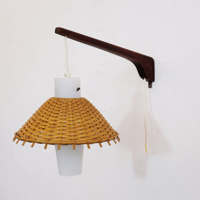 Scandinavian vintage sconce in teak glass and wicker 1970