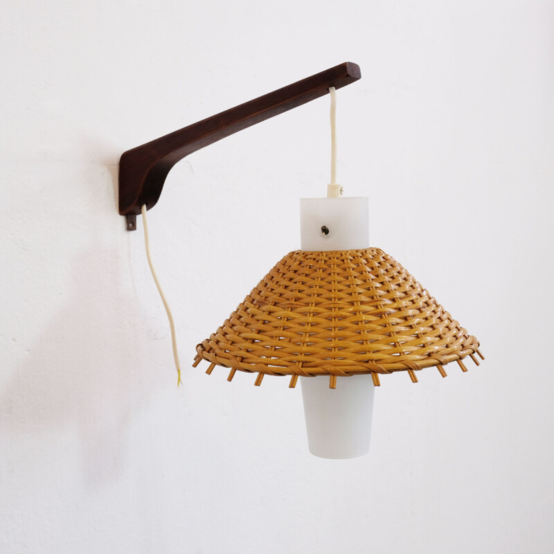 Scandinavian vintage sconce in teak glass and wicker 1970