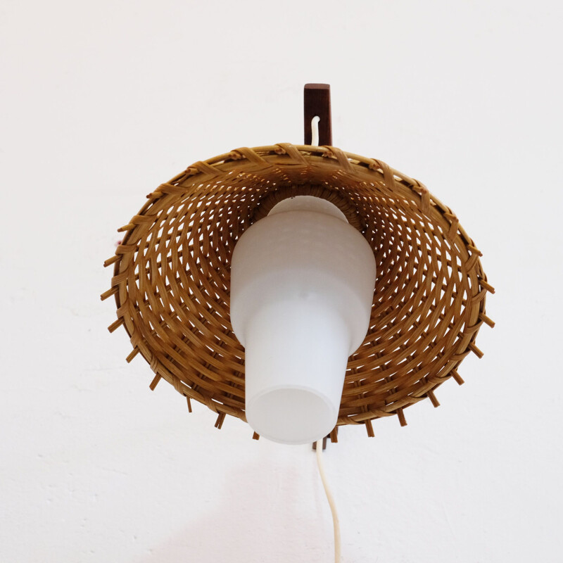 Scandinavian vintage sconce in teak glass and wicker 1970