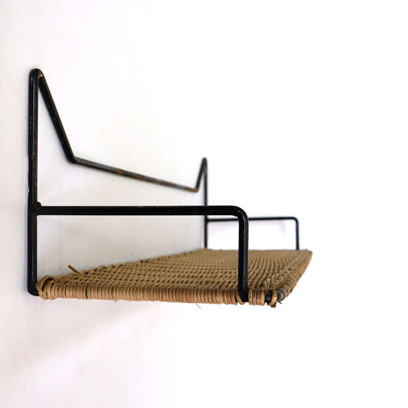 French vintage metal and wicker shelf 1960