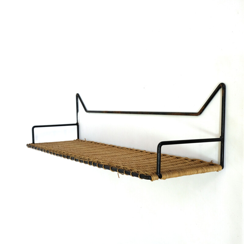 French vintage metal and wicker shelf 1960