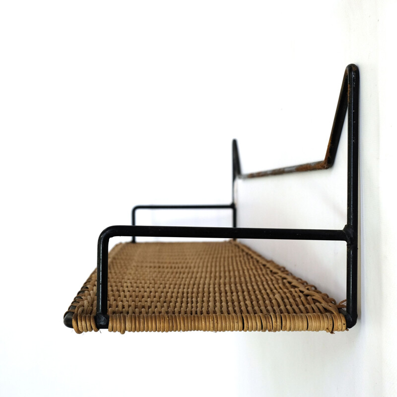 French vintage metal and wicker shelf 1960