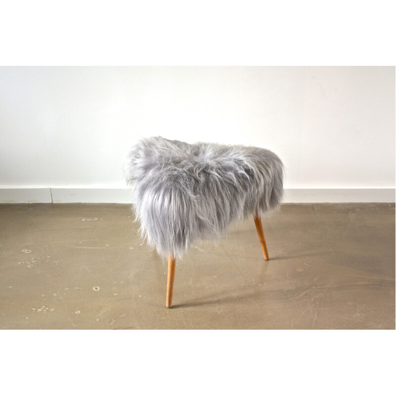 Vintage Scandinavian stool in wood and sheep skin