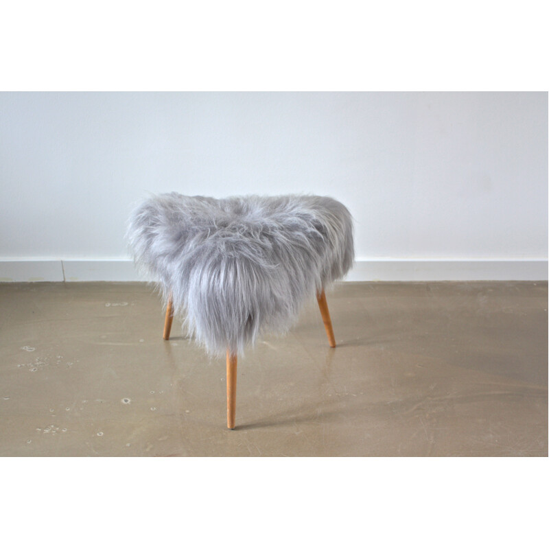 Vintage Scandinavian stool in wood and sheep skin