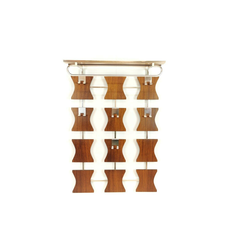 German vintage Wall Hanging Teak & Metal Coat Rack, 1970