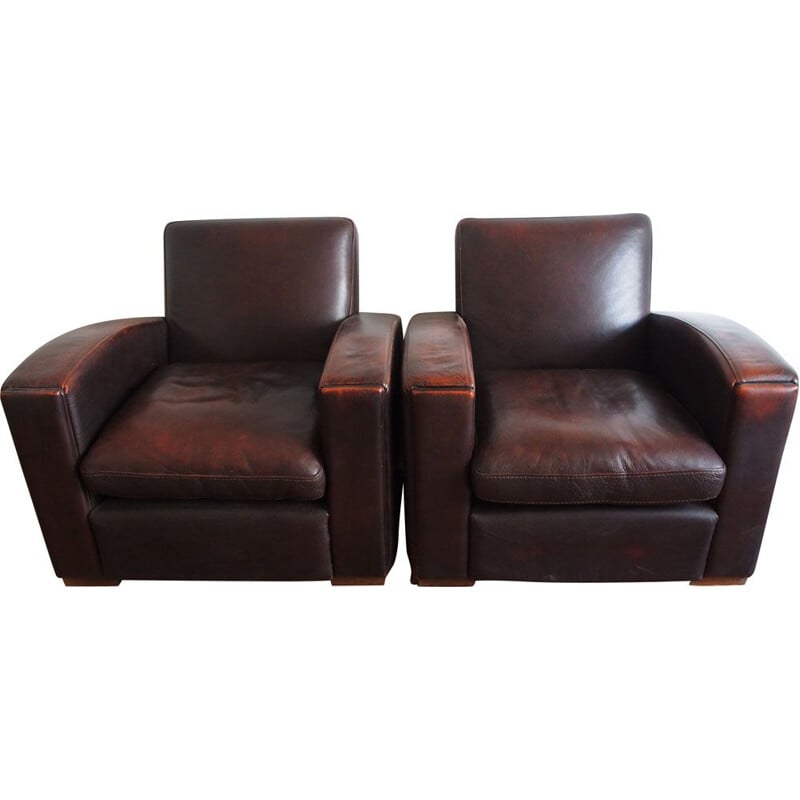 Paire de fauteuils vintage français en cuir marron 1980