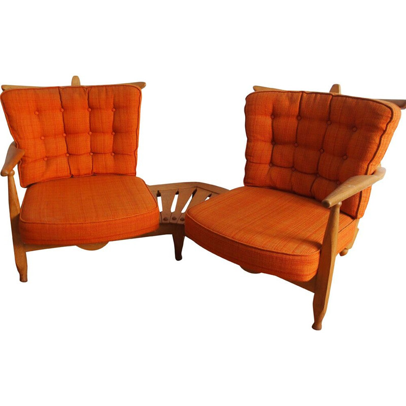 Vintage bench seat by Guillerme and Chambron in orange fabric and oak 1960