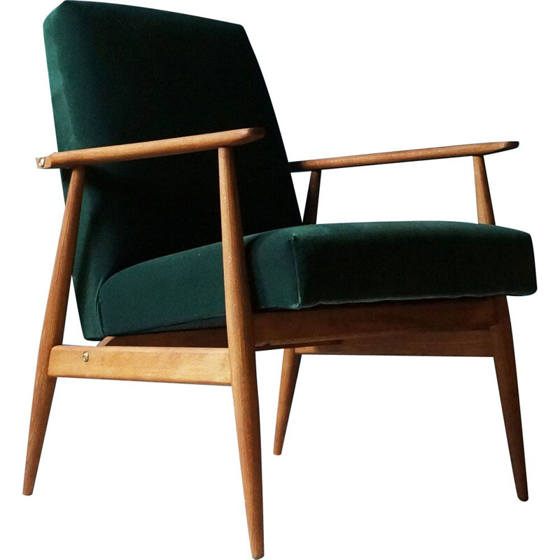 Sillón vintage de madera de haya, terciopelo verde y latón, 1960