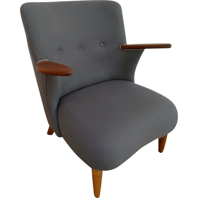 Vintage danish armchair in grey wool and teak 1950s