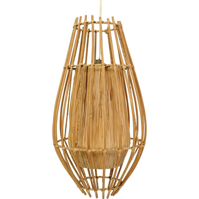 French vintage rattan and raffia hanging lamp 1970