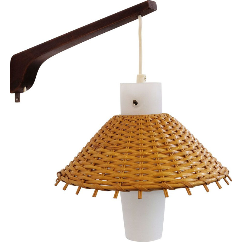 Scandinavian vintage sconce in teak glass and wicker 1970