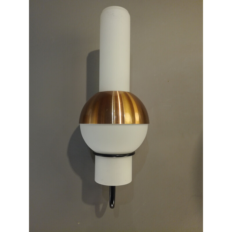 Vintage Lucifere wall lamp in opaline, metal and copper-plated aluminum for Raak, 1970