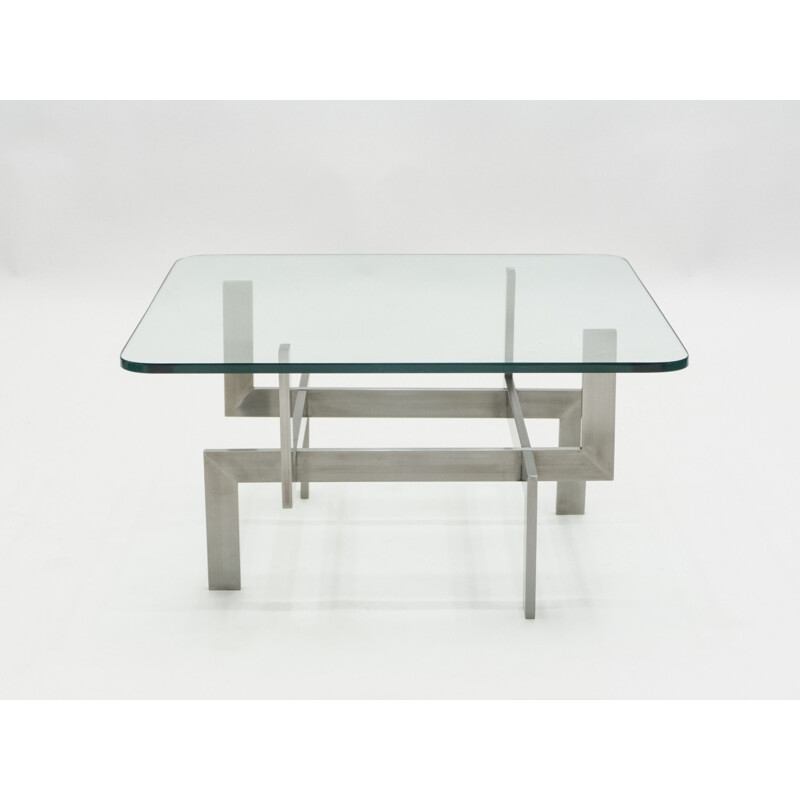 Vintage coffee table in brushed steel and glass by Paul Legeard, 1970