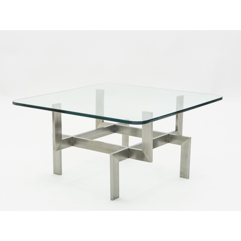 Vintage coffee table in brushed steel and glass by Paul Legeard, 1970