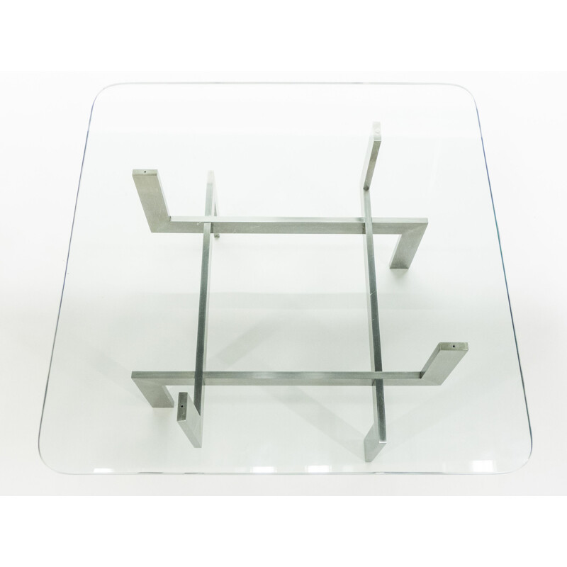Mesa de centro vintage de acero cepillado y cristal de Paul Legeard, 1970