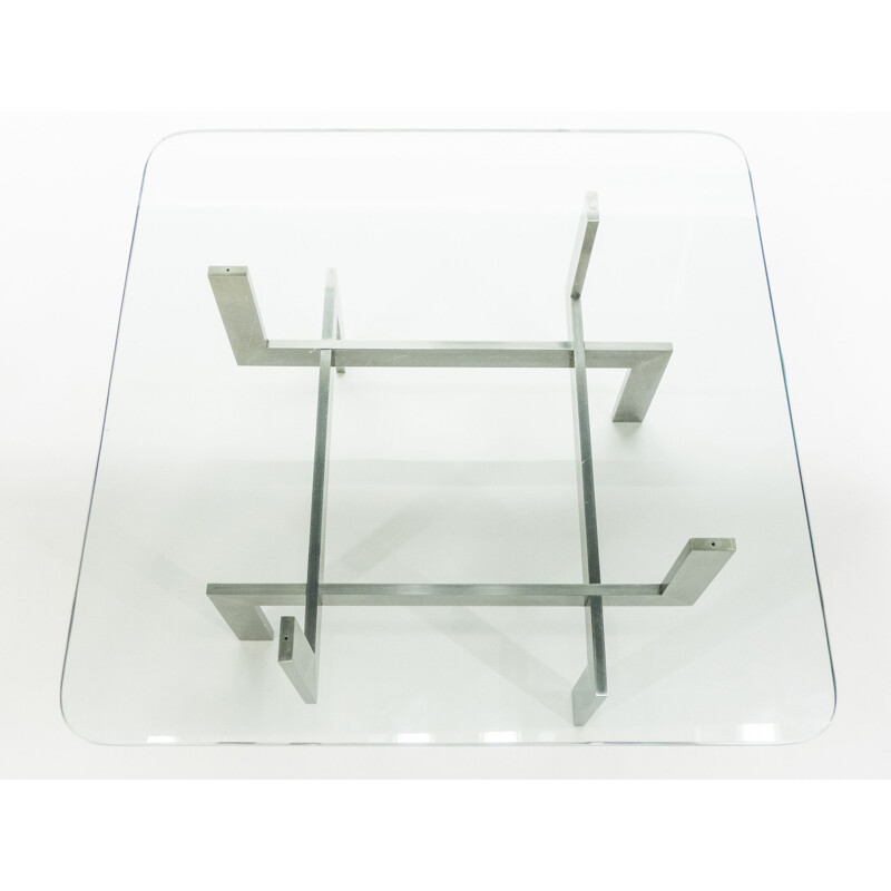 Vintage coffee table in brushed steel and glass by Paul Legeard, 1970