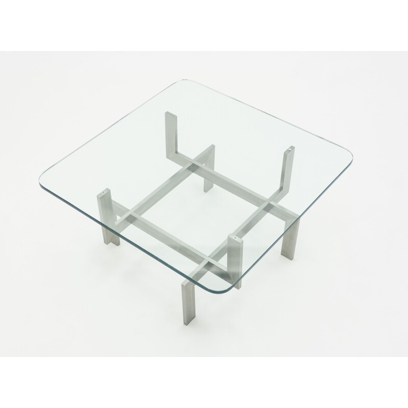 Vintage coffee table in brushed steel and glass by Paul Legeard, 1970