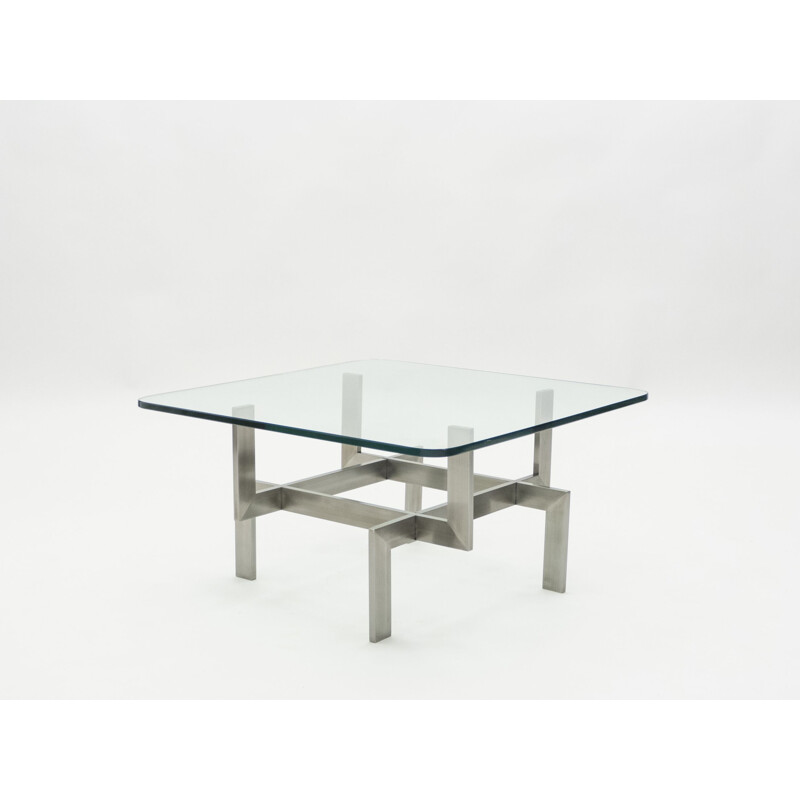 Vintage coffee table in brushed steel and glass by Paul Legeard, 1970