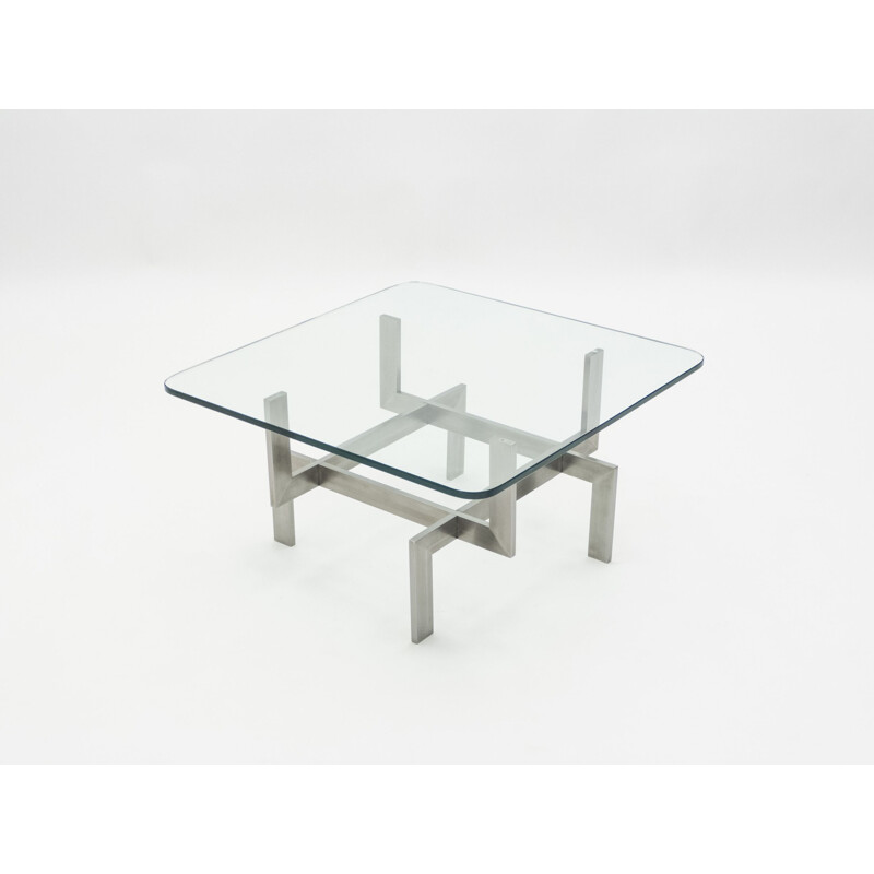 Vintage coffee table in brushed steel and glass by Paul Legeard, 1970