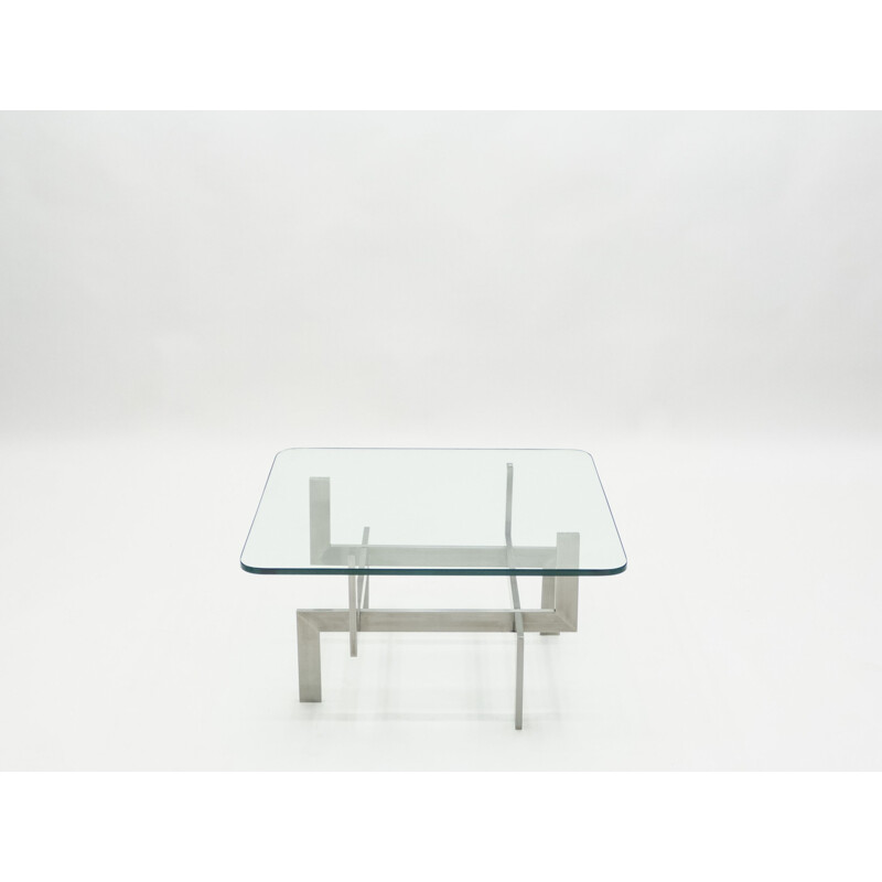 Table basse vintage en acier brossé et verre de Paul Legeard, 1970