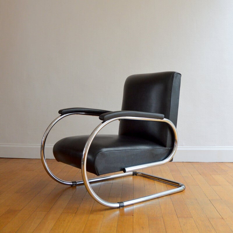 Vilvoure vintage armchair for Tubax in black leatherette and metal 1950