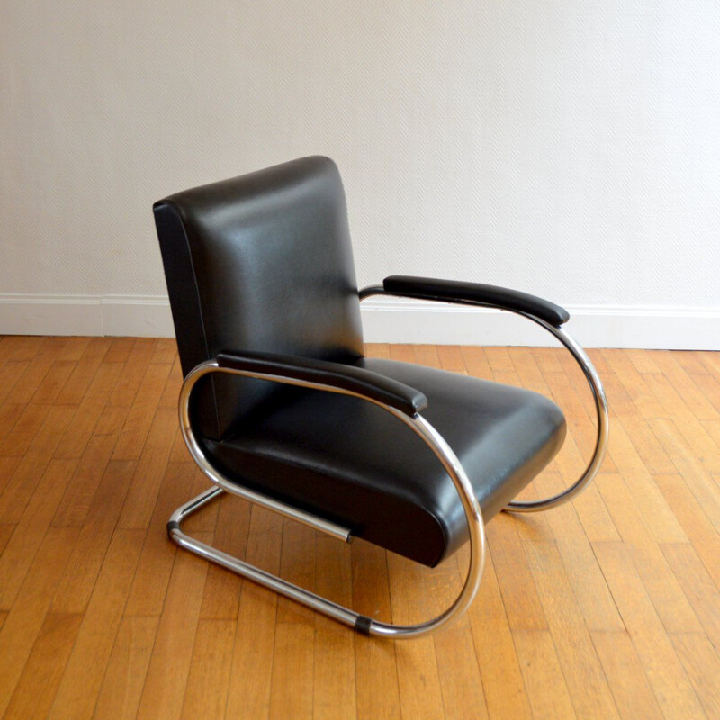 Vilvoure vintage armchair for Tubax in black leatherette and metal 1950