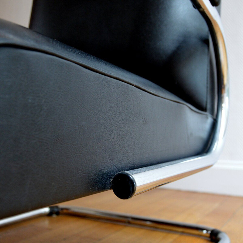 Vilvoure vintage armchair for Tubax in black leatherette and metal 1950