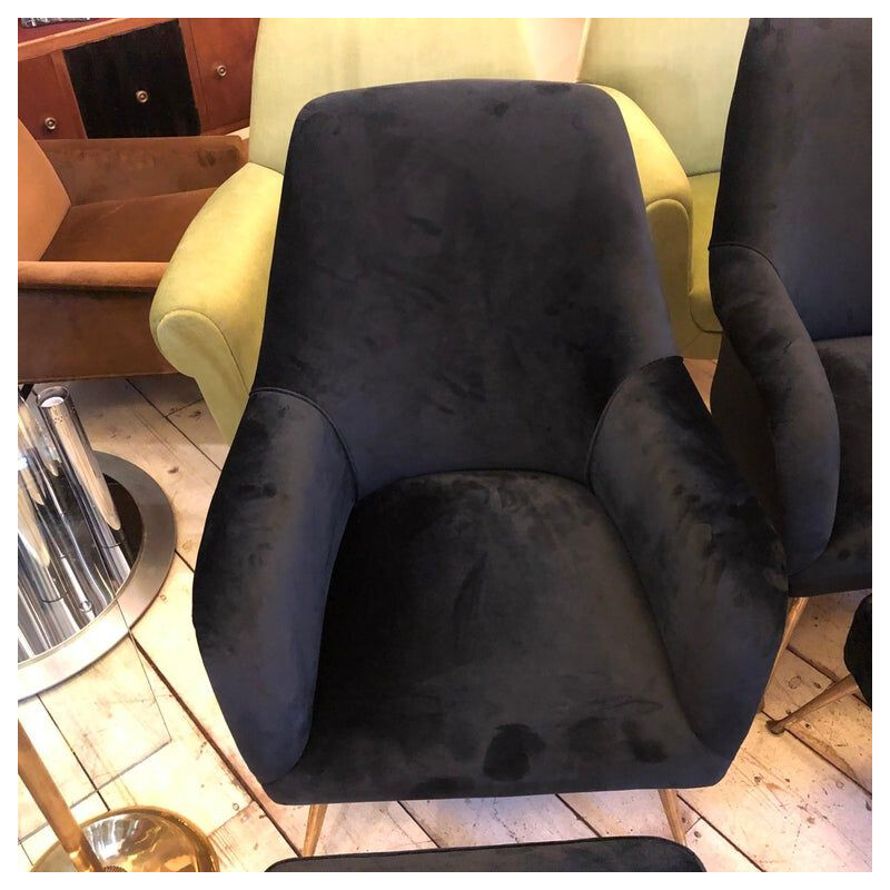 Vintage living room in black velvet and brass 1950s