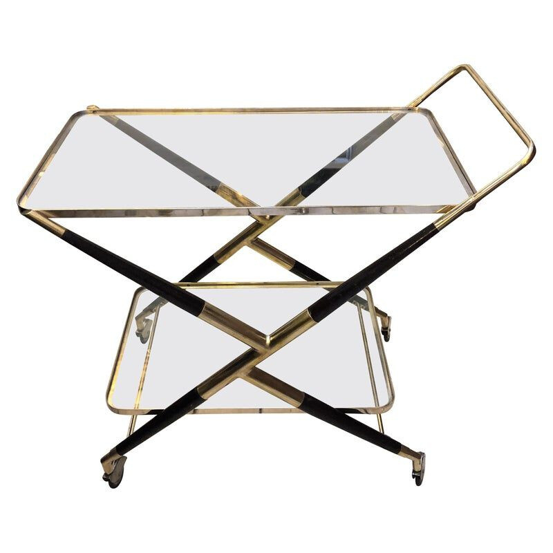 Vintage italian bar cart in wood and brass 1950s