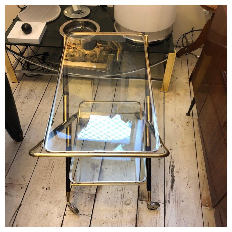 Vintage italian bar cart in wood and brass 1950s