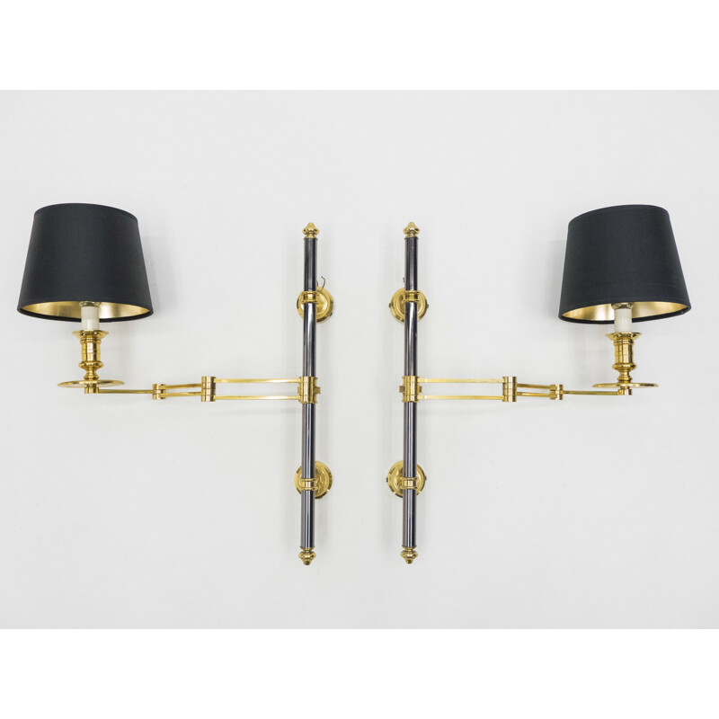 Pair of vintage retractable sconces for Maison Jansen in metal and brass 1960