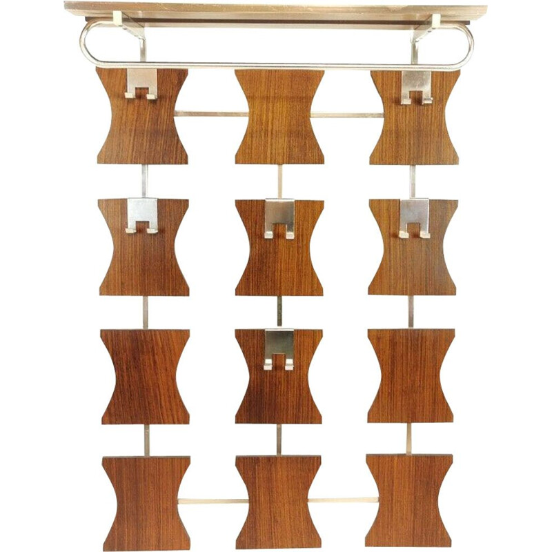 German vintage Wall Hanging Teak & Metal Coat Rack, 1970