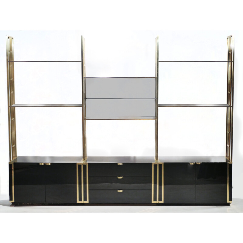 Vintage bookcase in black lacquer, brass and glass by Kim Moltzer, 1970